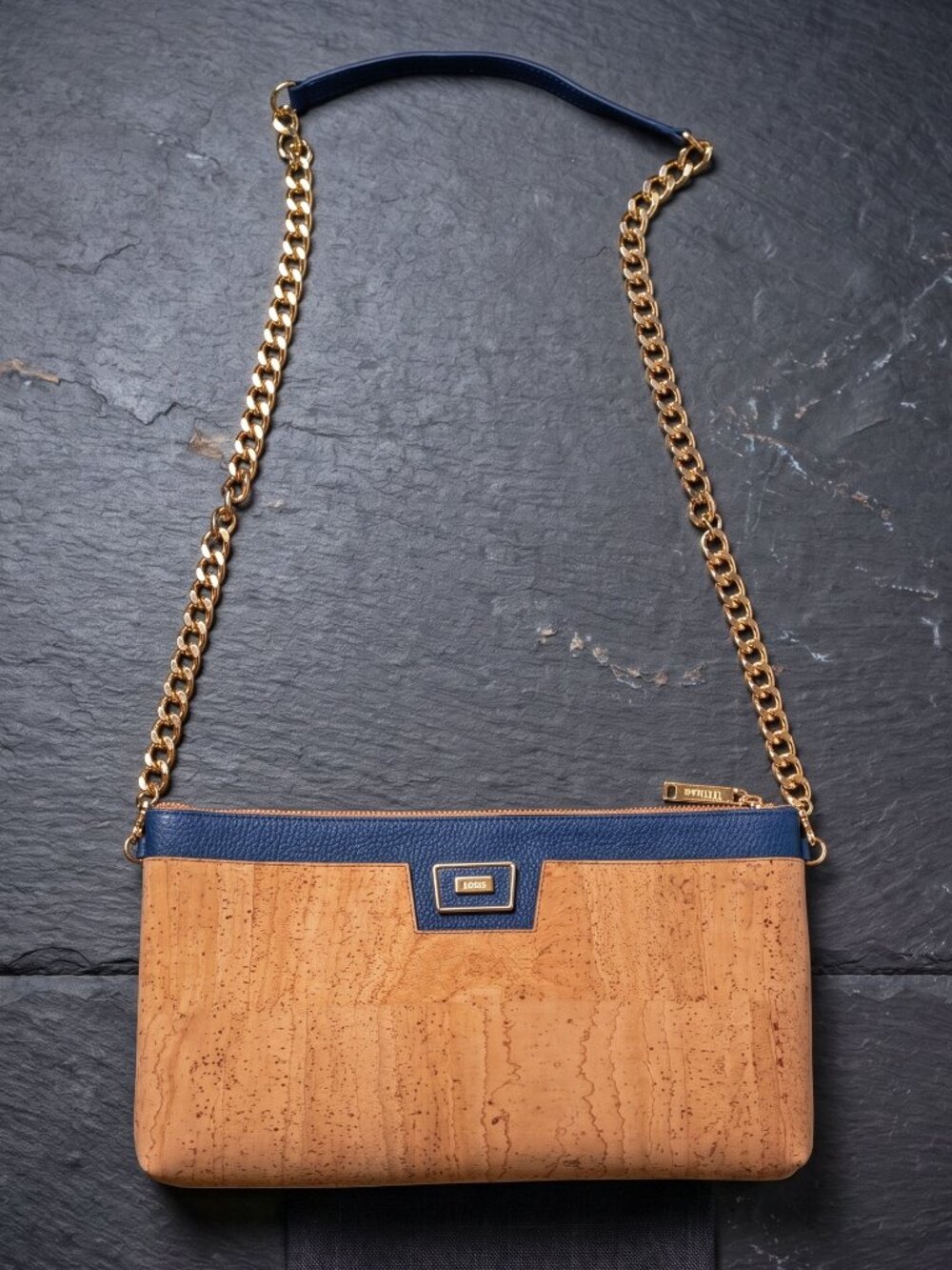 Artel Cork Chain Strap Clutch Crossbody Bag Navy Blue Gold Hardware